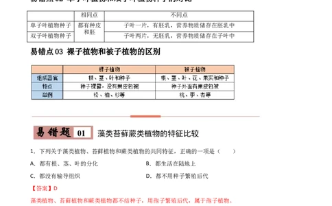 易错点03生物圈中的绿色植物-备战2022年中考生物考试易错题（解析版）_6生物中考复习_2023年中考复习资料_专项复习_备战2022年中考生物考试易错题