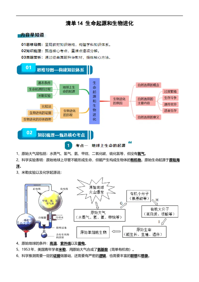 清单14生命起源和生物进化（3大考点+5大高频命题点（学生版）_6生物中考复习_2024年中考复习资料_一轮复习资料_完口袋书2024年中考生物一轮复习知识清单