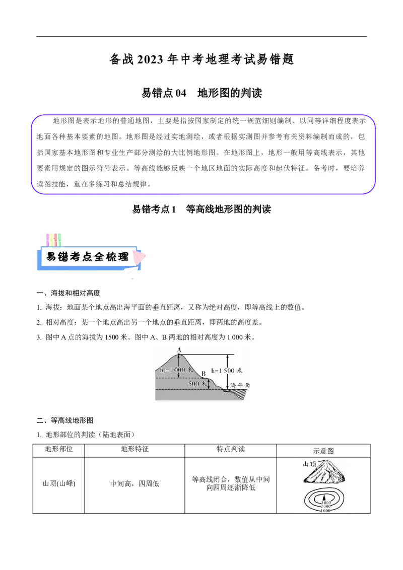 易错点04地形图的判读-备战2023年中考地理考试易错题（解析版）_7地理中考复习_2023年中考复习资料_专项复习_备战2023年中考地理考试易错题
