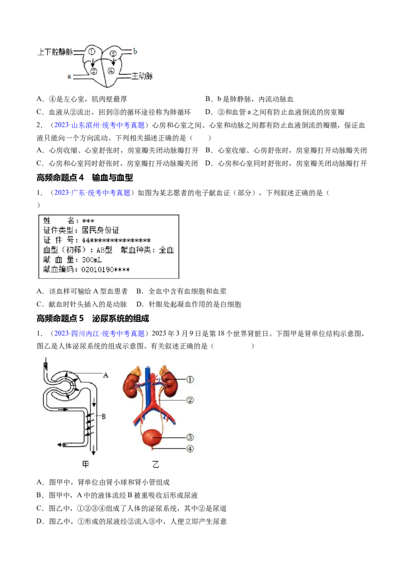 清单06人体内的物质运输与废物排出（6大考点+6大高频命题点）（学生版）_6生物中考复习_2024年中考复习资料_一轮复习资料_完口袋书2024年中考生物一轮复习知识清单