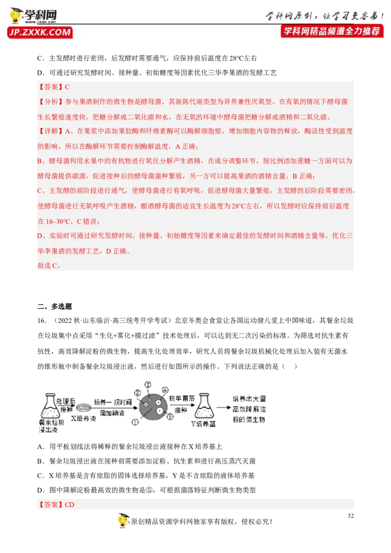 解密17发酵工程（分层训练)（解析版）_新高考复习资料_2023年新高考复习资料_二轮复习_高频考点解密2023年高考生物二轮复习讲义+分层训练（全国通用）288808838
