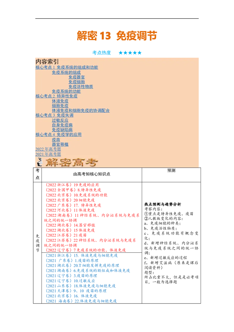 解密13免疫调节（讲义)（学生版）_通用版（老高考）复习资料_2023年复习资料_二轮复习_高频考点解密2023年高考生物二轮复习讲义+分层训练（全国通用）