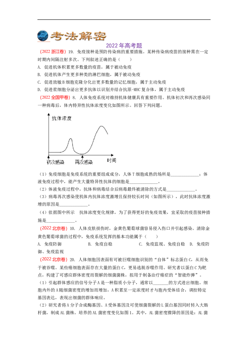 解密13免疫调节（讲义)（学生版）_通用版（老高考）复习资料_2023年复习资料_二轮复习_高频考点解密2023年高考生物二轮复习讲义+分层训练（全国通用）