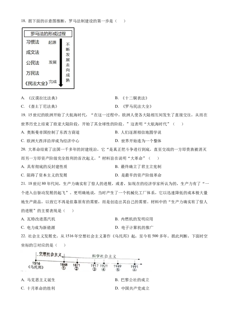 精品解析：2022年山东省烟台市中考历史真题（原卷版）_8历史中考复习_2025年中考复习资料_中考真题（近三年）_2022年中考历史试卷114份_精品解析：2022年山东省烟台市中考历史真题