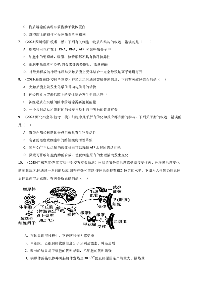 选择性必修1稳态与调节测试卷（原卷版）_新高考复习资料_2024年新高考复习资料_❤专项复习资料_完一轮测试备战2024年高考生物按教材测试卷（新教材新高考）