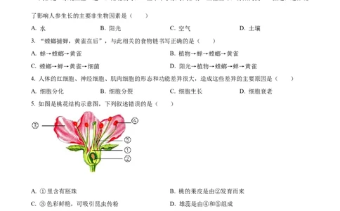 精品解析：2022年吉林省长春市中考生物真题（原卷版）_6生物中考复习_2025中考复习资料_中考真题（近三年）_2022年生物中考真题114份_精品解析：2022年吉林省长春市中考生物真题