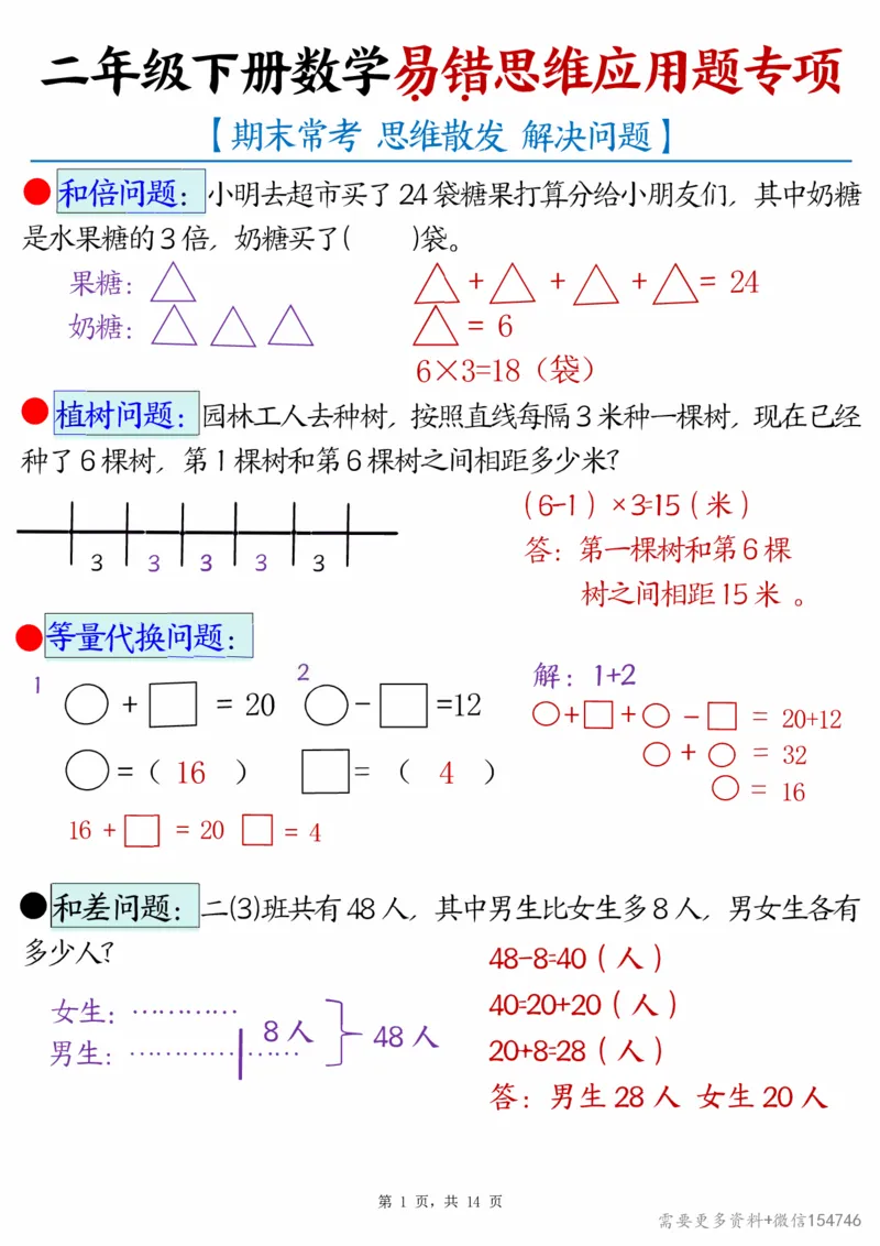 2494二下数学易错思维应用题专项（28道母题）练习+答案版14页_2026春人教数学母题合集