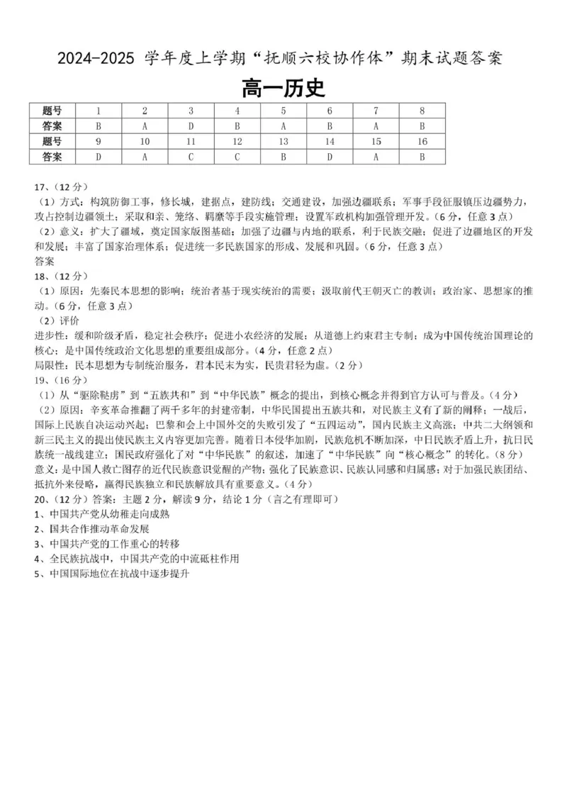 辽宁省抚顺市省重点高中六校协作体2024-2025学年高一上学期期末考试历史答案（图片版）_2025年01月试卷_0112辽宁省抚顺市省重点高中六校协作体2024-2025学年高一上学期期末考试