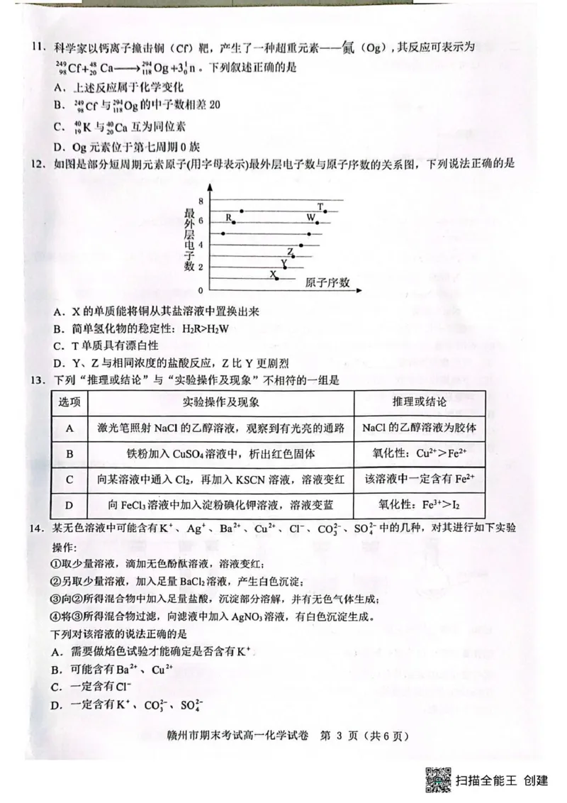 赣州市2024-2025学年第一学期期末考试高一化学高一化学_2025年02月试卷_0213江西省赣州市2024-2025学年高一上学期1月期末考试