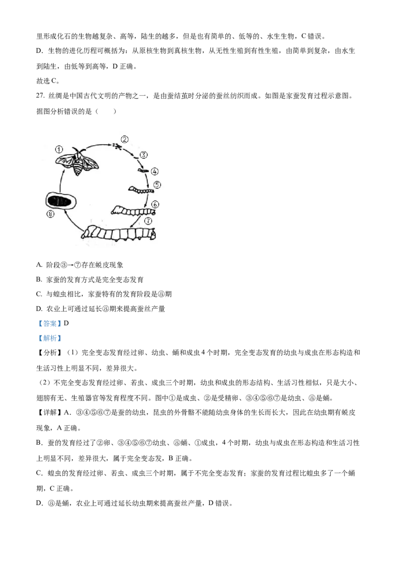 精品解析：2022年山东省日照市中考生物真题（解析版）_6生物中考复习_2025中考复习资料_中考真题（近三年）_2022年生物中考真题114份_精品解析：2022年山东省日照市中考生物真题