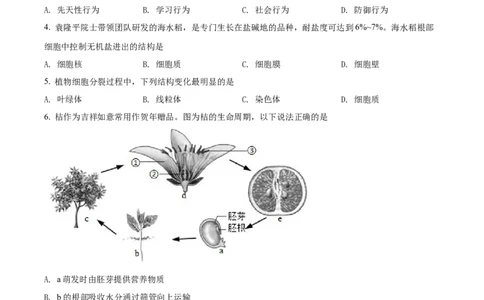 精品解析：2022年四川省德阳市中考生物真题（原卷版）_6生物中考复习_2025中考复习资料_中考真题（近三年）_2022年生物中考真题114份_精品解析：2022年四川省德阳市中考生物真题