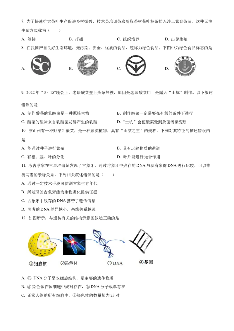 精品解析：2022年四川省凉山州中考生物真题（原卷版）_6生物中考复习_2025中考复习资料_中考真题（近三年）_2022年生物中考真题114份_精品解析：2022年四川省凉山州中考生物真题