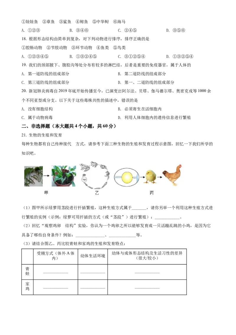 精品解析：2022年山西省太原市学业水平测试生物真题（原卷版）_6生物中考复习_2025中考复习资料_中考真题（近三年）_2022年生物中考真题114份