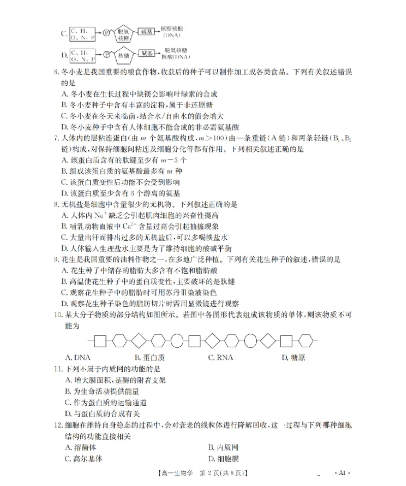 辽宁省2025-2026学年高一上学期11月联考（26-108A）生物_2025年12月高一试卷_251201金太阳&middot;辽宁省2025-2026学年高一上学期11月联考（26-108A）（全）