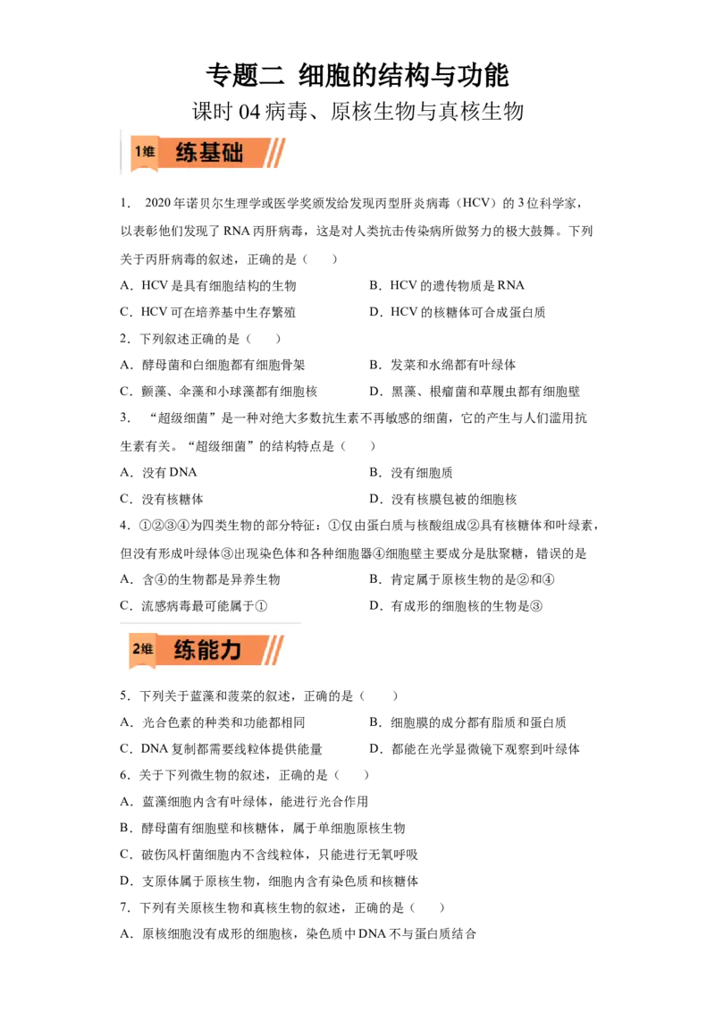 课时04病毒、原核生物与真核生物-2023年高考生物一轮复习小题多维练（原卷版）_通用版（老高考）复习资料_2023年复习资料_一轮复习_2023年高考生物一轮复习小题多维练（全国通用）
