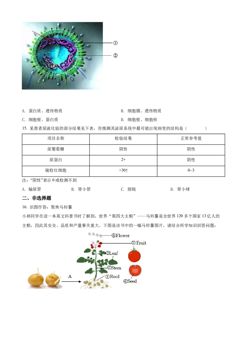 精品解析：2022年山西省阳泉市、长治市中生物真题题（原卷版）_6生物中考复习_2025中考复习资料_中考真题（近三年）_2022年生物中考真题114份
