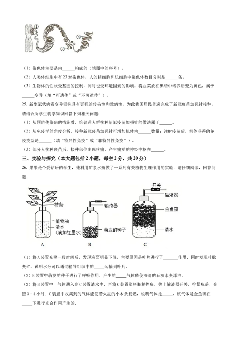 精品解析：2022年四川省资阳市中考生物真题（原卷版）_6生物中考复习_2025中考复习资料_中考真题（近三年）_2022年生物中考真题114份_精品解析：2022年四川省资阳市中考生物真题