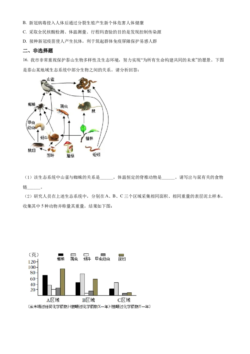 精品解析：2022年山东省泰安市中考生物真题（原卷版）_6生物中考复习_2025中考复习资料_中考真题（近三年）_2022年生物中考真题114份_精品解析：2022年山东省泰安市中考生物真题
