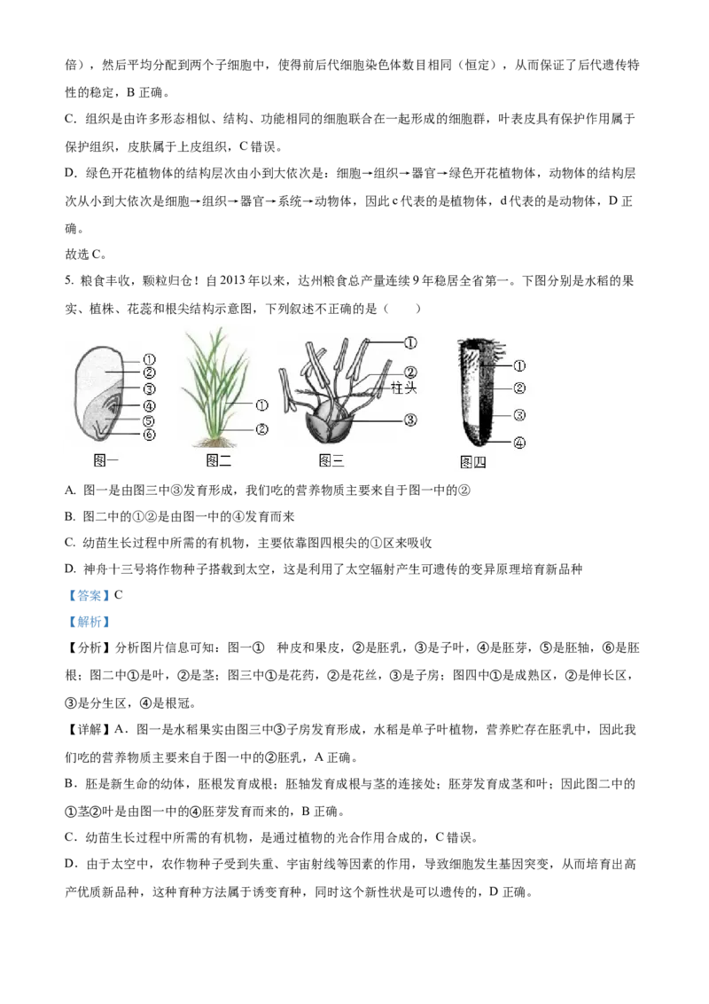 精品解析：2022年四川省达州市中考生物真题（解析版）_6生物中考复习_2025中考复习资料_中考真题（近三年）_2022年生物中考真题114份_精品解析：2022年四川省达州市中考生物真题