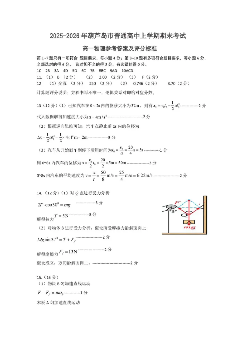 辽宁省葫芦岛市2025-2026学年高一上学期1月期末考试物理答案（图片版）_2026年01月高一试卷_260125辽宁省葫芦岛市2025-2026学年高一上学期1月期末（全）