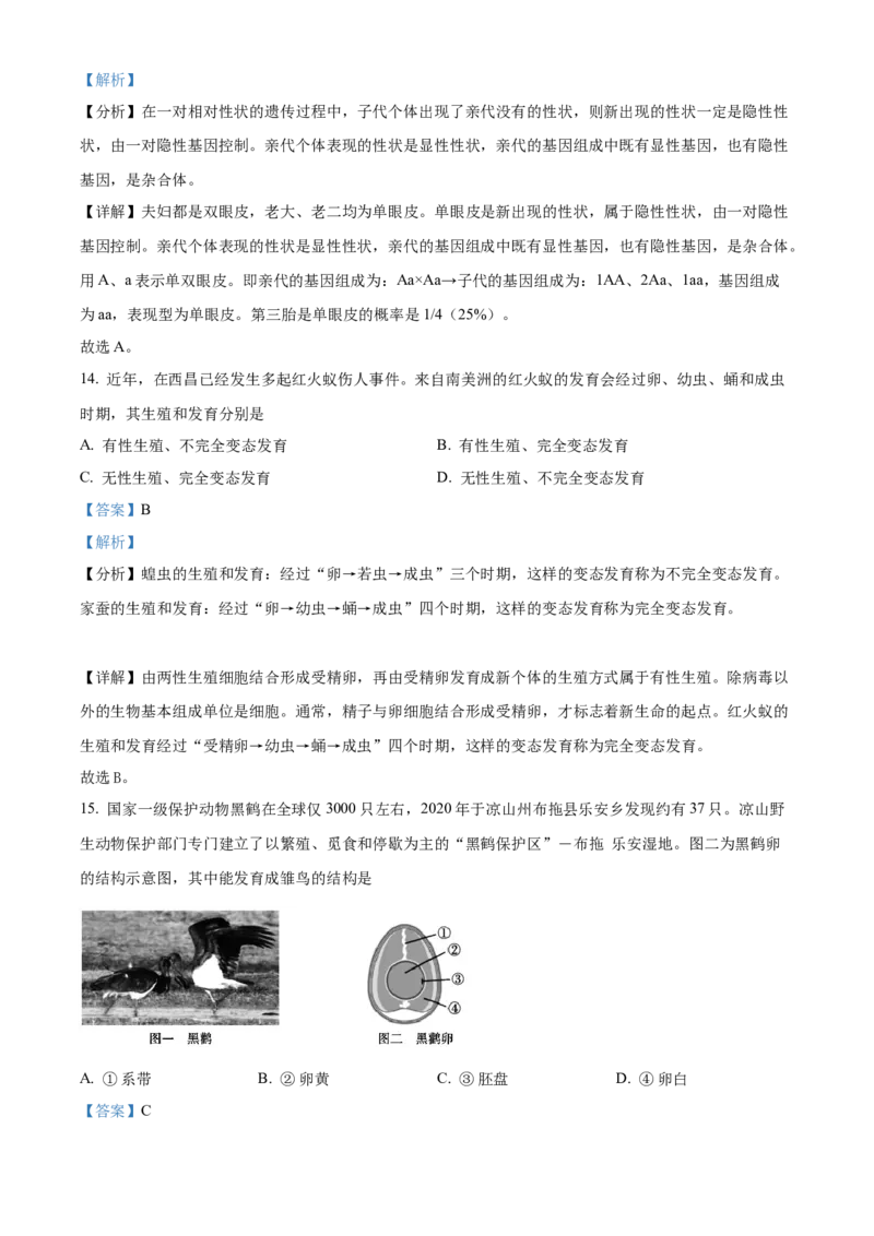 精品解析：2022年四川省凉山州中考生物真题（解析版）_6生物中考复习_2025中考复习资料_中考真题（近三年）_2022年生物中考真题114份_精品解析：2022年四川省凉山州中考生物真题