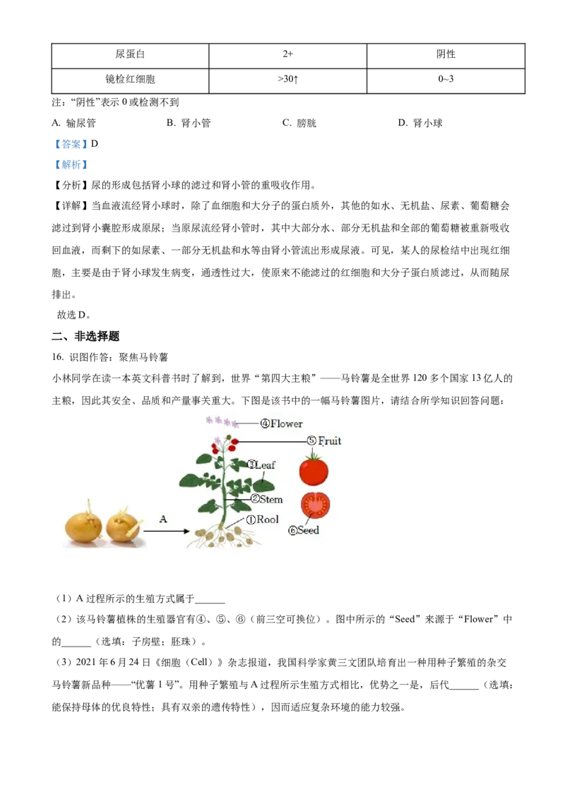 精品解析：2022年山西省阳泉市、长治市中生物真题题（解析版）_6生物中考复习_2025中考复习资料_中考真题（近三年）_2022年生物中考真题114份
