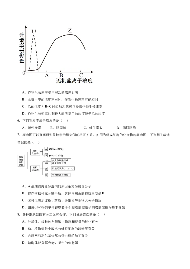 辽宁省大连市滨城高中联盟2025-2026学年高一上学期期中考试生物试卷（含答案）_2025年12月高一试卷_251206辽宁省大连市滨城高中联盟2025-2026学年高一上学期期中考试（全）