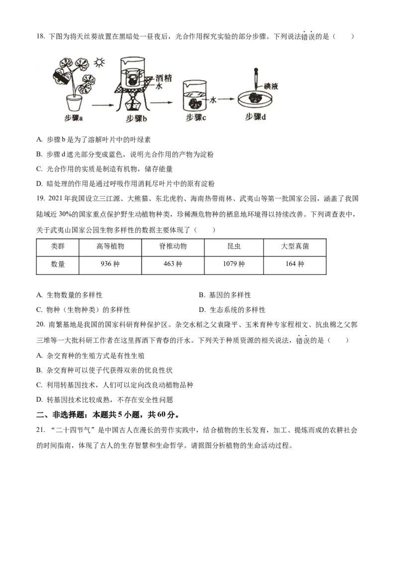 精品解析：2022年山东省济宁市学业水平测试生物试题（原卷版）_6生物中考复习_2025中考复习资料_中考真题（近三年）_2022年生物中考真题114份