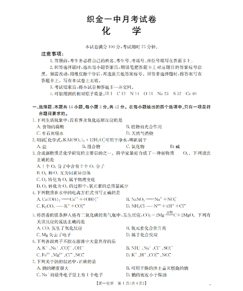 贵州省织金一中2025-2026学年高一11月月考（25-114A）化学_2025年11月高一试卷_251118金太阳&middot;贵州省织金一中2025-2026学年高一11月月考（25-114A）（全）