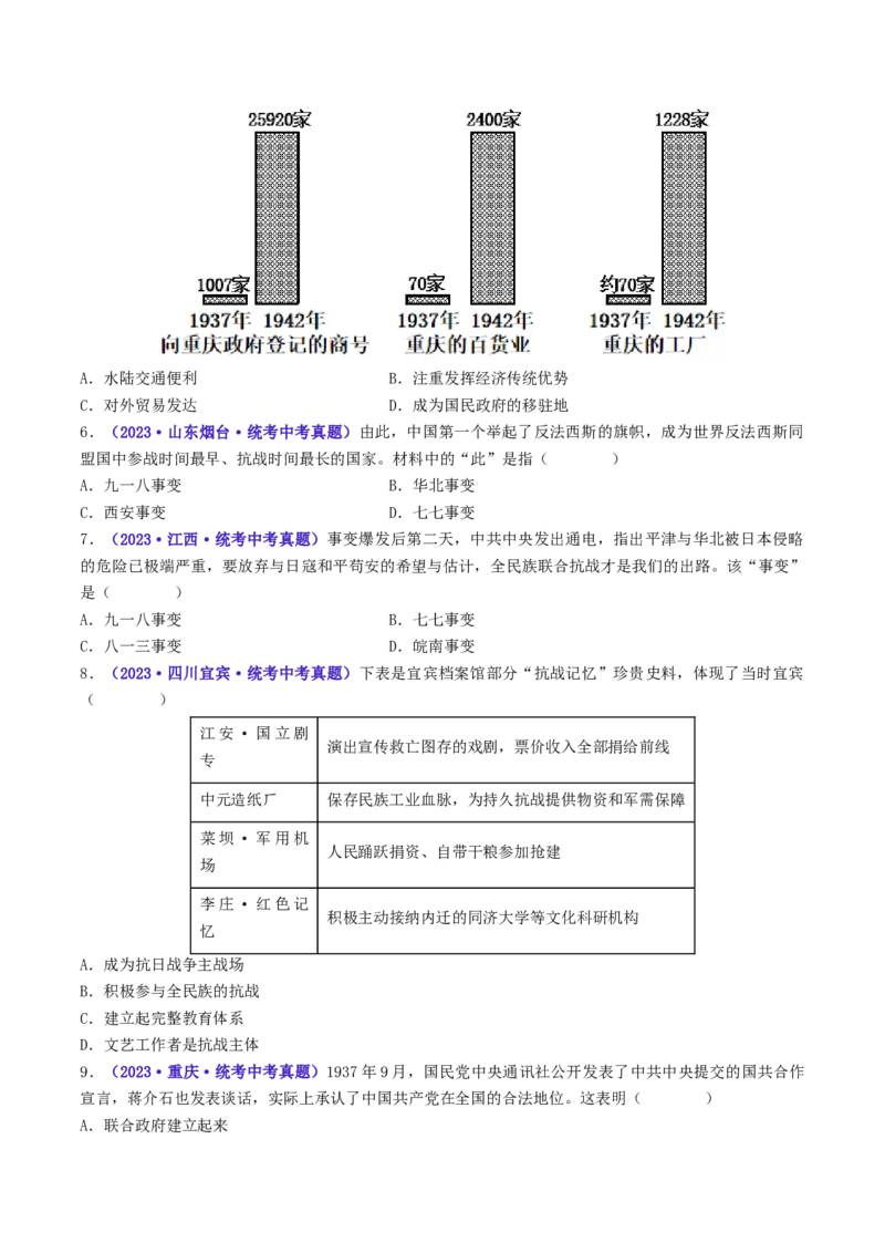第19课七七事变与全民族抗战（原卷版）_8历史中考复习_2024年中考复习资料_专项复习资料_完三年（2021-2023）中考历史真题分项汇编（全国通用）_八年级上册（单元内分课时呈现）