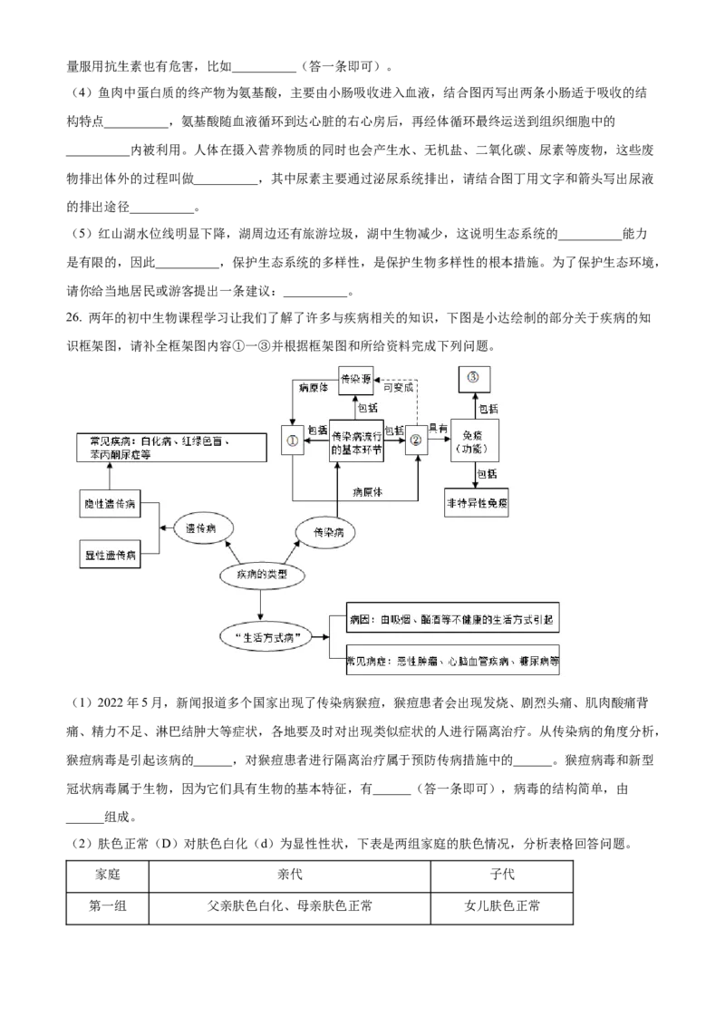 精品解析：2022年内蒙古赤峰市中考生物真题（原卷版）_6生物中考复习_2025中考复习资料_中考真题（近三年）_2022年生物中考真题114份_精品解析：2022年内蒙古赤峰市中考生物真题