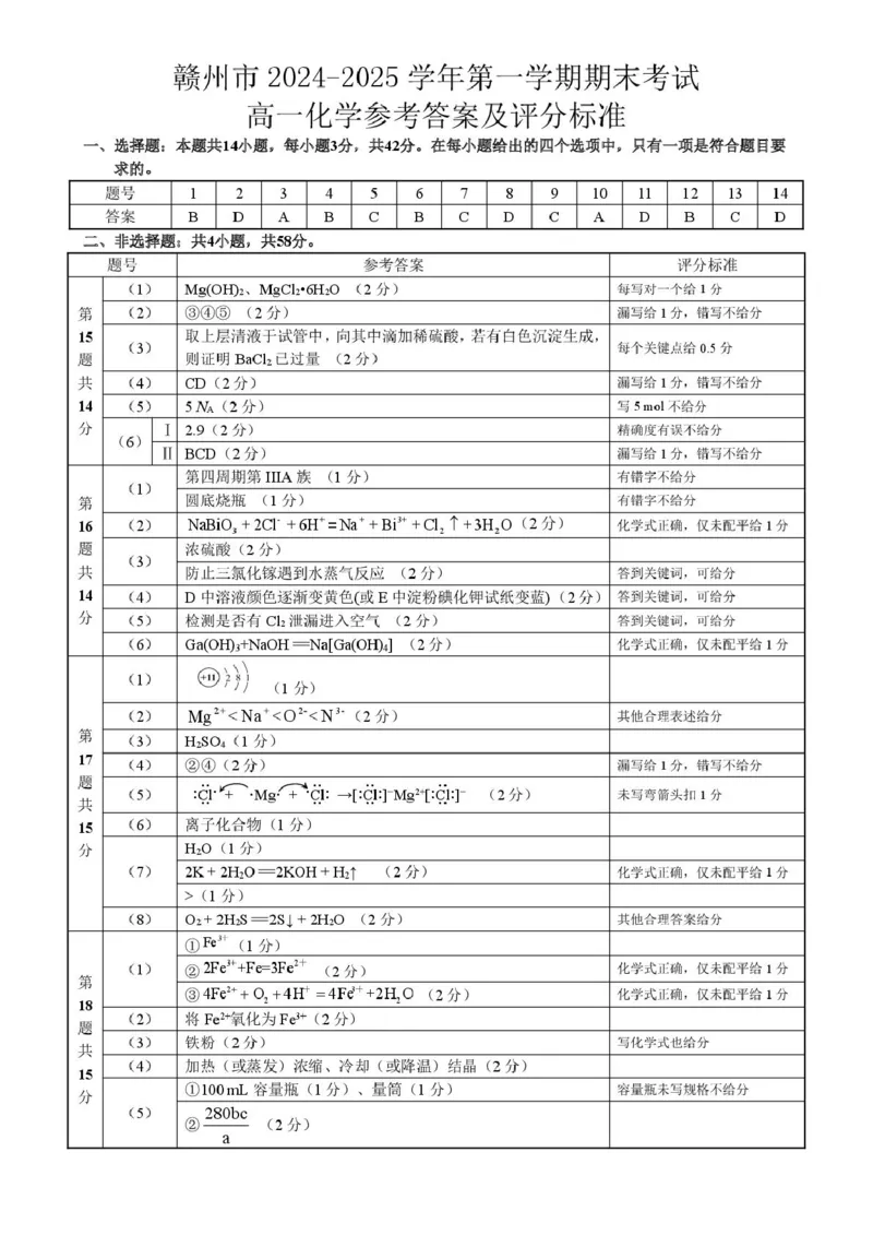 赣州市2024-2025学年第一学期期末考试高一化学参考答案_2025年02月试卷_0213江西省赣州市2024-2025学年高一上学期1月期末考试