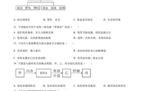 精品解析：2022年宁夏自治区中考生物真题（原卷版）_6生物中考复习_2025中考复习资料_中考真题（近三年）_2022年生物中考真题114份_精品解析：2022年宁夏自治区中考生物真题