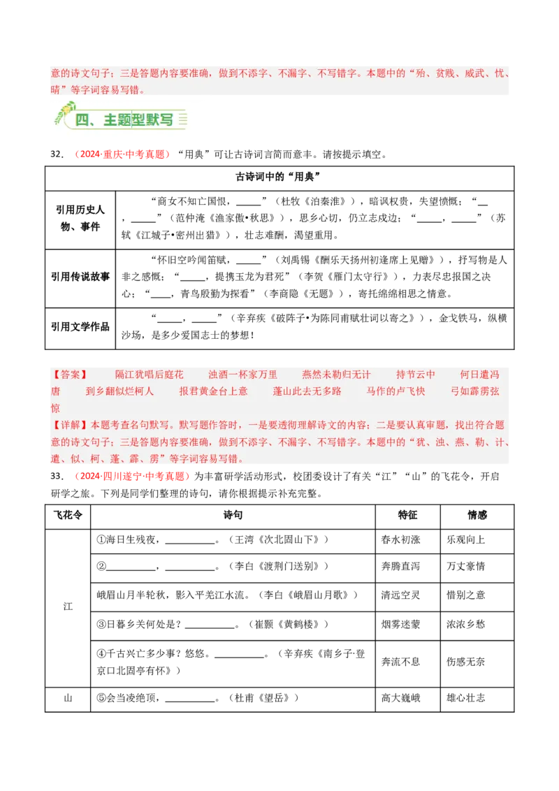 2024年中考真题默写精选-备战2025年中考语文一轮复习古诗文默写（全国通用）解析版_中考复习资料_语数英物化_1语文中考复习_2025年中考资料