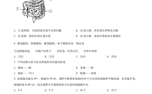 精品解析：2022年山东省济南市中考生物真题（原卷版）_6生物中考复习_2025中考复习资料_中考真题（近三年）_2022年生物中考真题114份