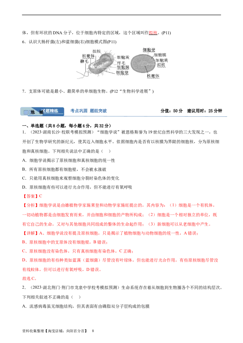 通关卷01走近细胞（解析版）_新高考复习资料_2024年新高考复习资料_一轮复习资料_完2024年高考生物一轮复习考点通关卷（新高考）_考点通关卷01走近细胞