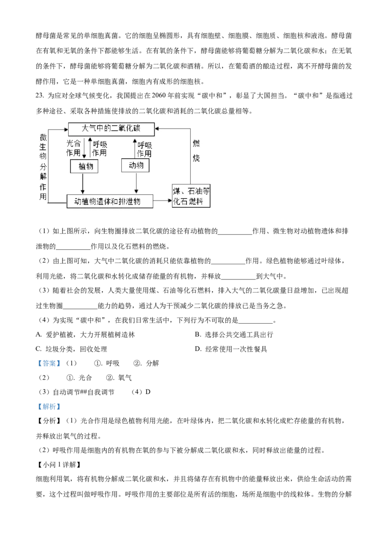 精品解析：2022年重庆市中考生物真题（解析版）_6生物中考复习_2025中考复习资料_中考真题（近三年）_2022年生物中考真题114份_精品解析：重庆市2022年中考生物试题