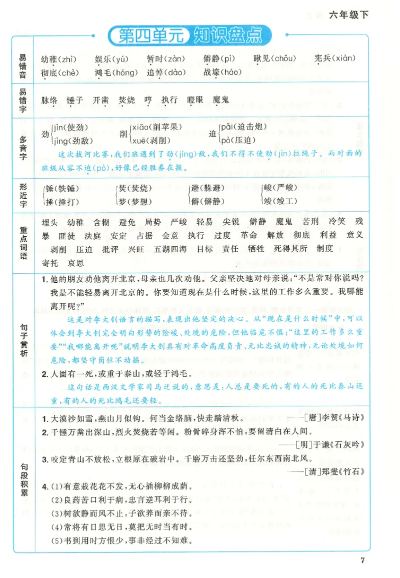 六下语文阳光同学知识盘点_2026春人教语文《阳光同学课时优化作业》_26春《阳光同学课时优化作业》语文RJ6下