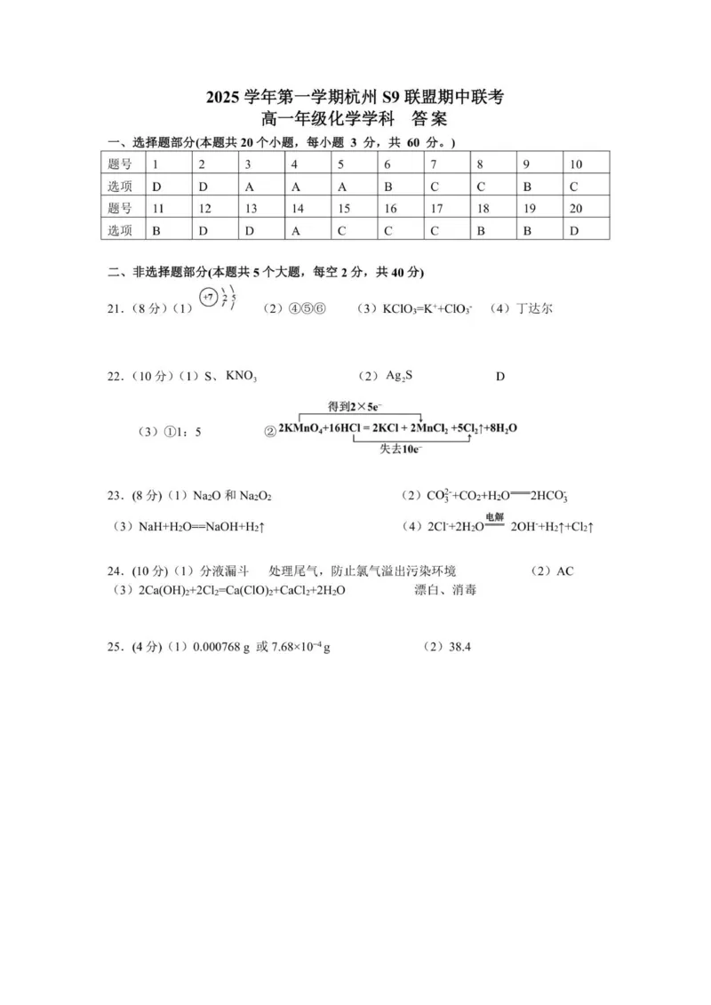 高一化学答案_2025年11月高一试卷_251128浙江省S9联盟2025-2026学年高一上学期11月期中考试（全）_浙江省S9联盟2025-2026学年高一上学期11月期中联考化学试题（图片版，含答案）