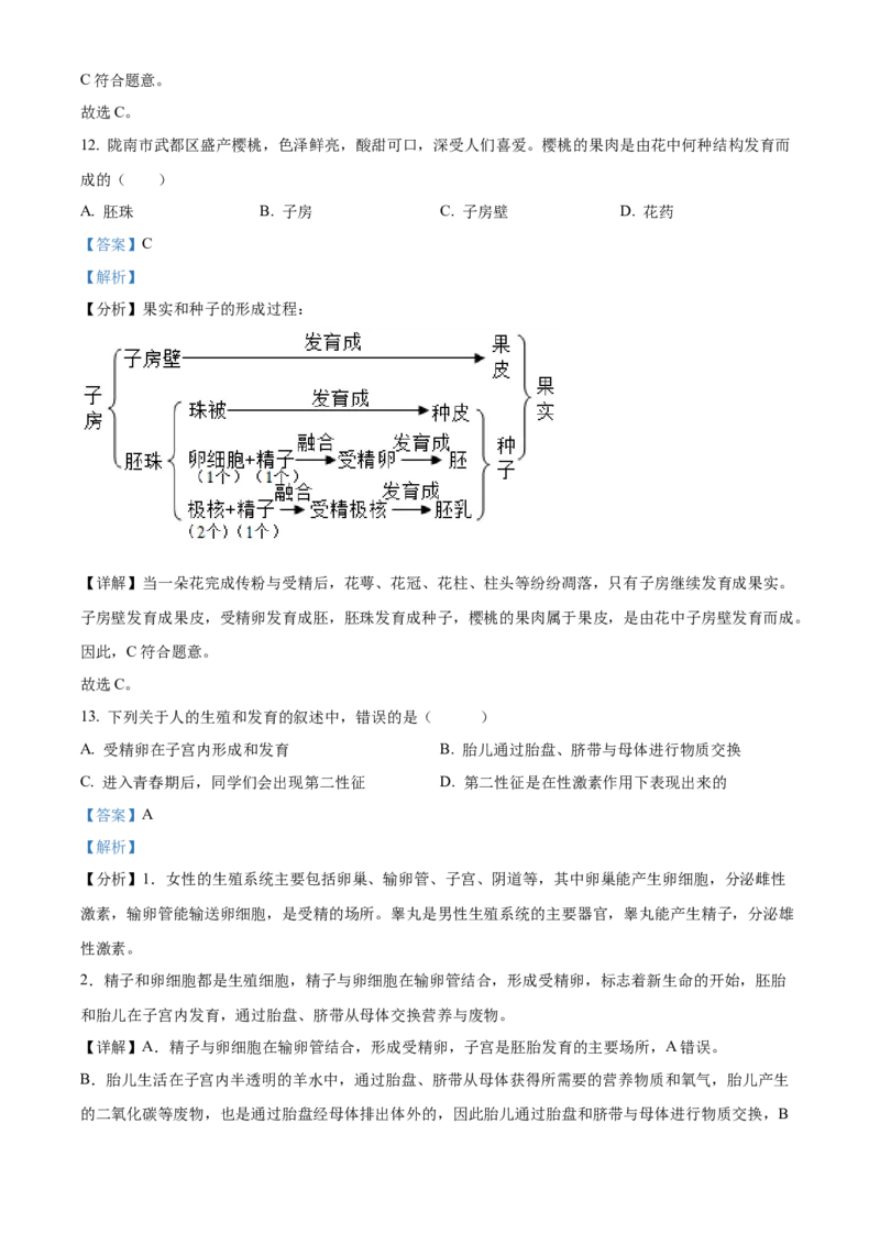 精品解析：2022年甘肃省陇南市中考生物真题（解析版）_6生物中考复习_2025中考复习资料_中考真题（近三年）_2022年生物中考真题114份_精品解析：2022年甘肃省陇南市中考生物真题