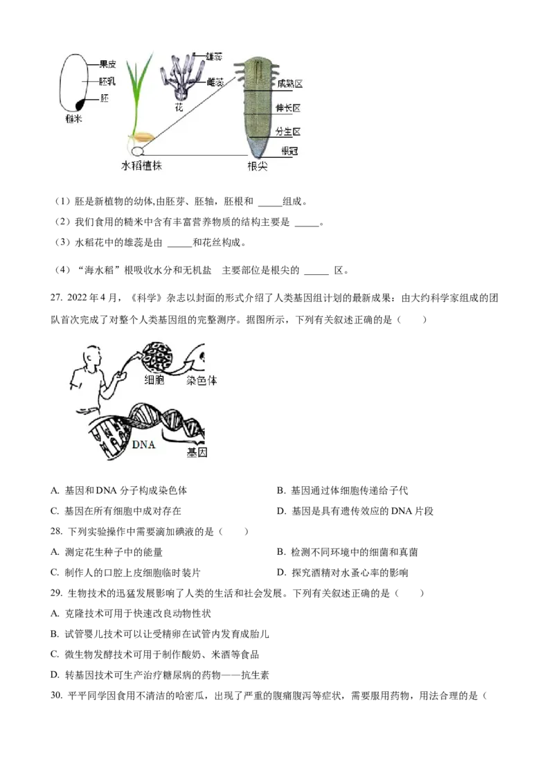 精品解析：2022年新疆维吾尔自治区新疆生产建设兵团中考生物真题（原卷版）_6生物中考复习_2025中考复习资料_中考真题（近三年）_2022年生物中考真题114份