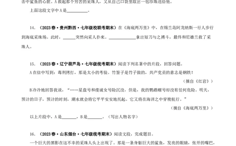 专题04《海底两万里》真题精练（单一题）（原卷版）－备战2024年中考语文名著阅读知识（考点）梳理+真题演练_中考复习资料_语数英物化_1语文中考复习_2024年中考资料_专项复习资料