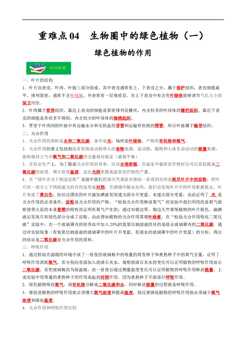 重难点04生物圈中的绿色植物（一）-2023年中考生物热点&middot;重点&middot;难点专练（全国通用）（解析版）_6生物中考复习_2023年中考复习资料_专项复习