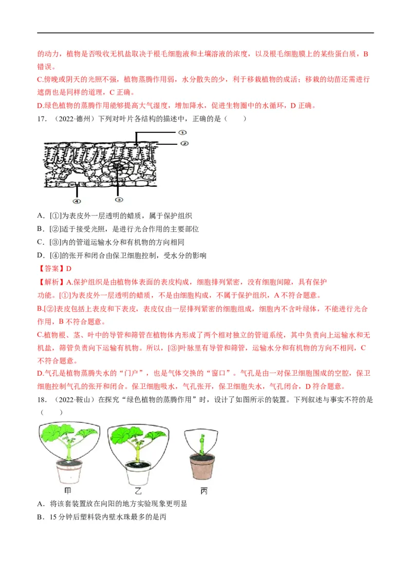重难点04生物圈中的绿色植物（一）-2023年中考生物热点&middot;重点&middot;难点专练（全国通用）（解析版）_6生物中考复习_2023年中考复习资料_专项复习