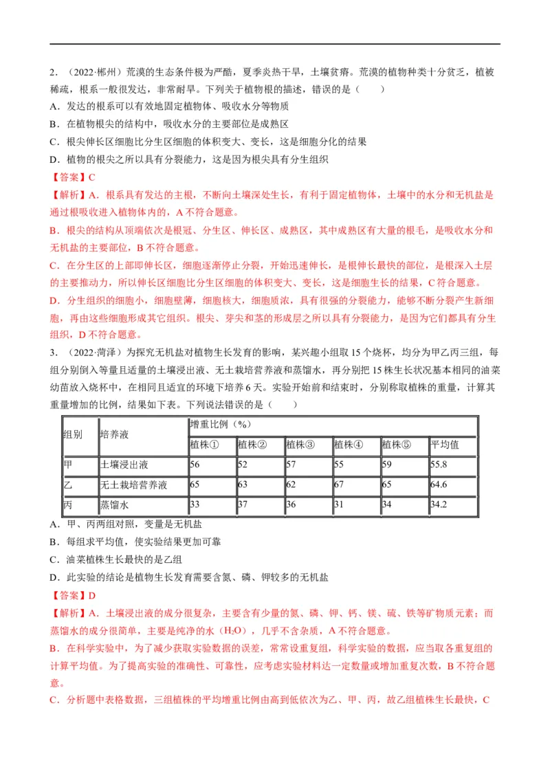 重难点04生物圈中的绿色植物（一）-2023年中考生物热点&middot;重点&middot;难点专练（全国通用）（解析版）_6生物中考复习_2023年中考复习资料_专项复习