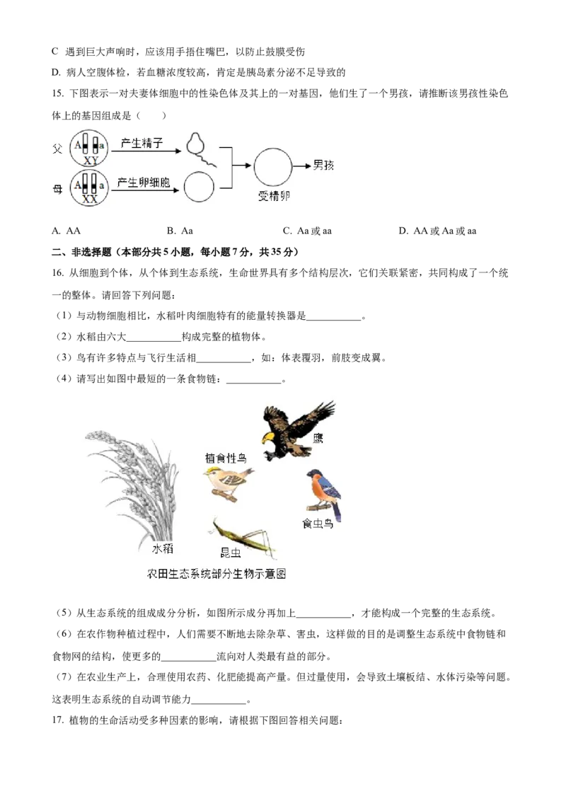 精品解析：2022年湖北省襄阳市中考生物真题（原卷版）_6生物中考复习_2025中考复习资料_中考真题（近三年）_2022年生物中考真题114份_精品解析：2022年湖北省襄阳市中考生物真题