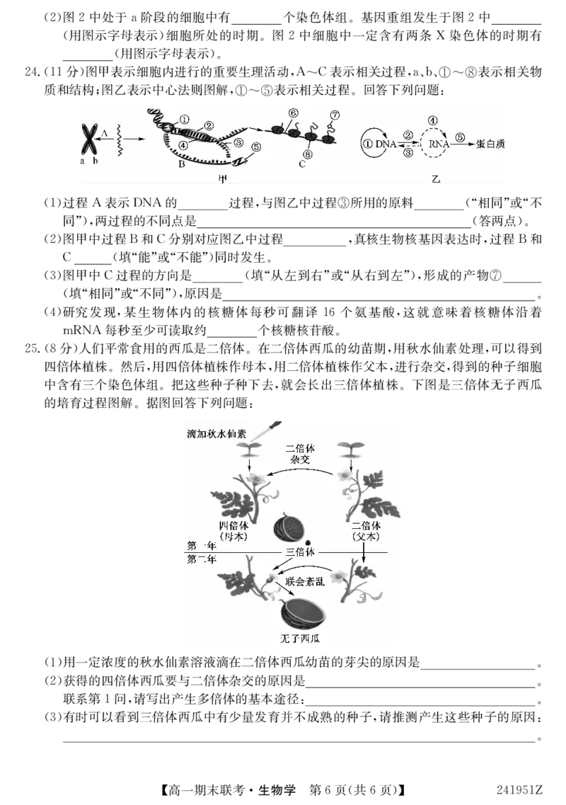 青海省西宁市大通县2023-2024学年高一下学期期末联考生物试题_2024年07月试卷_0729青海省西宁市大通县2023-2024学年高一下学期期末联考