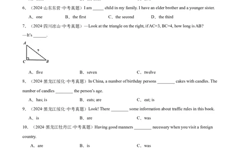 专题04数词和主谓一致（全国通用）（原卷版）_中考复习资料_语数英物化_3英语中考复习_2026年中考复习（更新中）_好题汇编三年（2023-2025）中考英语真题分类汇编（全国通用）