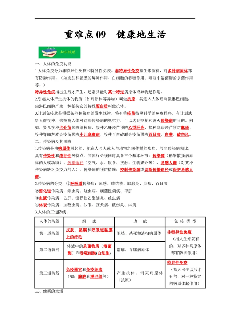 重难点09健康地生活-2023年中考生物热点&middot;重点&middot;难点专练（全国通用）（解析版）_6生物中考复习_2023年中考复习资料_专项复习_2023年中考生物热点&middot;重点&middot;难点专练（全国通用）