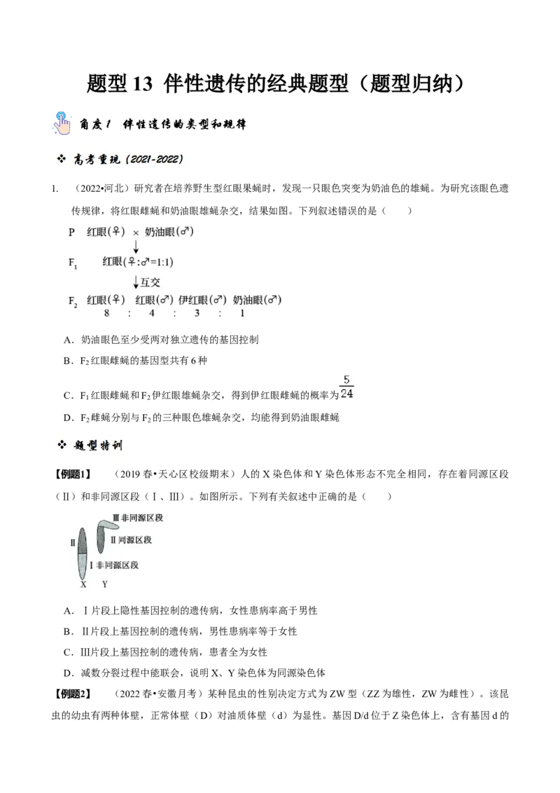 题型13伴性遗传的经典题型（题型归纳）（原卷版）_新高考复习资料_2023年新高考复习资料_二轮复习_技巧点拨备战2023年高考生物二轮题型复习讲解286731240
